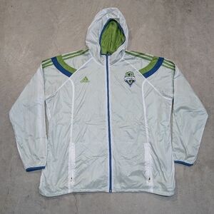 Seattle Sounders 2014 Rain Jacket Mens 2XL Full Zip Hooded White Green Adidas